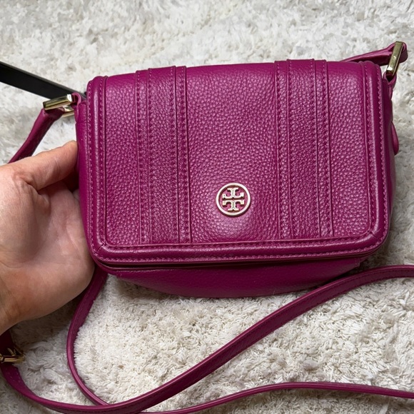 Tory Burch Fuchsia Landon Mini Pebbled Leather Crossbody - Picture 2 of 8